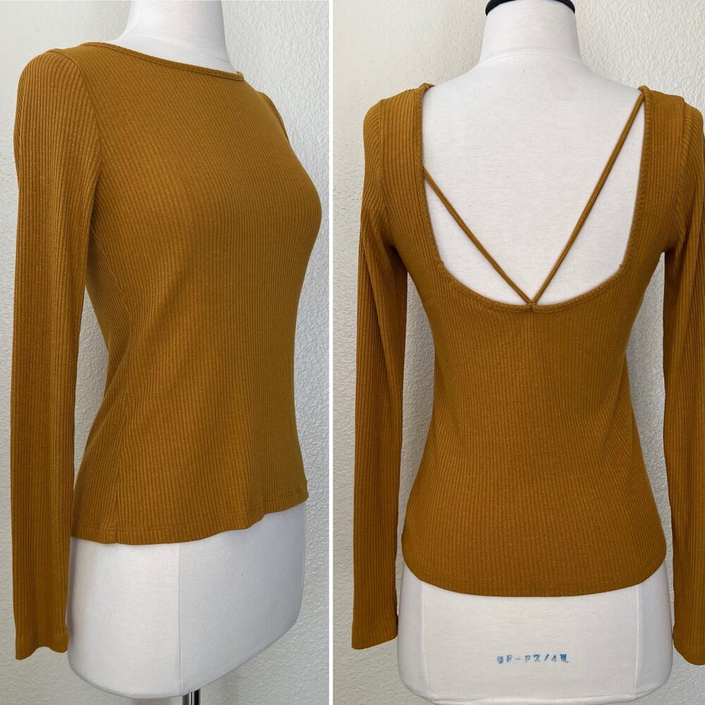 Project Social T ribbed knit low strappy back long sleeve top yellow marigold